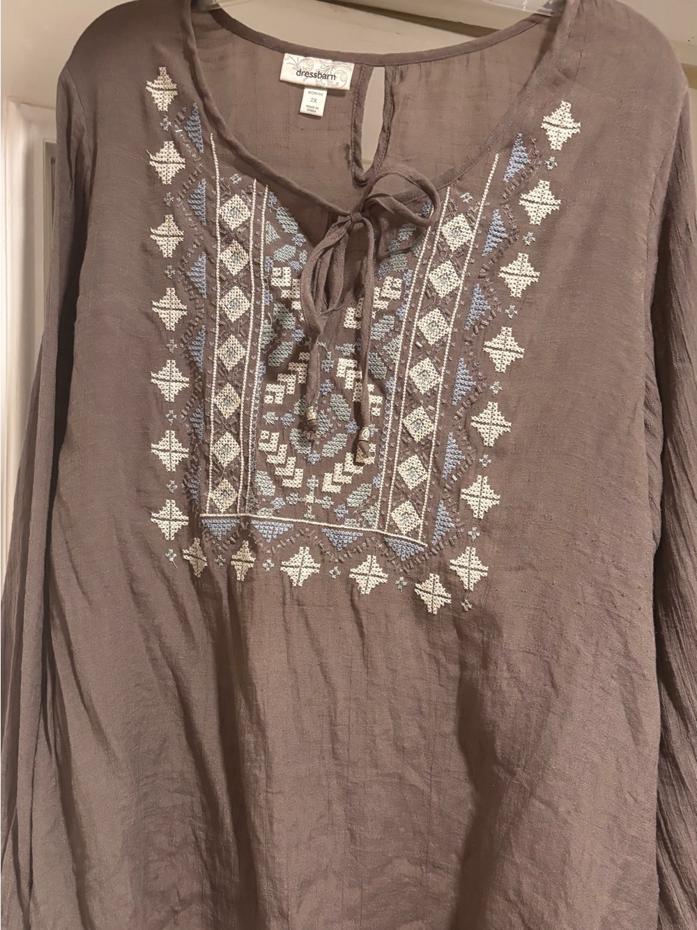 dressbarn Taupe Boho Embroidered Tie-Neck Tunic with beading